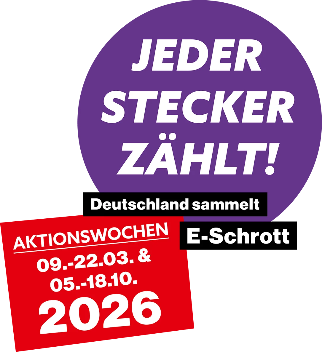 Grafik mit den Informationen: Jeder Stecker zählt! Deutschland sammelt E-Schrott. Aktionswochen vom 10. bis 23. März 2025 und vom 6. bis 19. Oktober 2025.