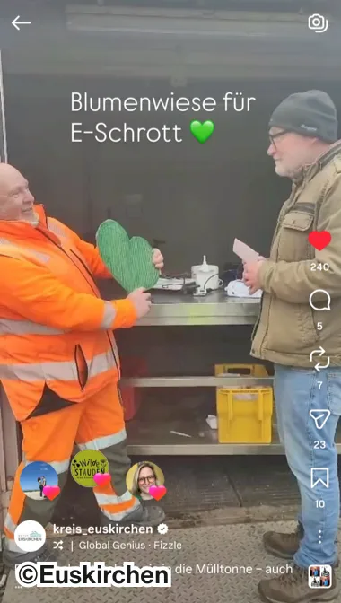 Zwei Männer unterhalten sich. Ein Text zwischen ihnen beiden lautet "Blumenwiese für E-Schrott"